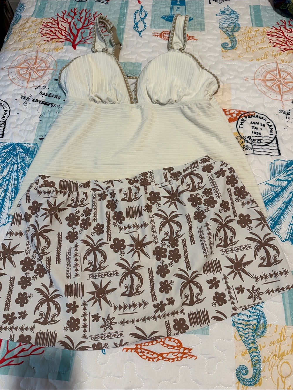 Women’s Two-Piece Tankini Swim Set in Cream and Brown